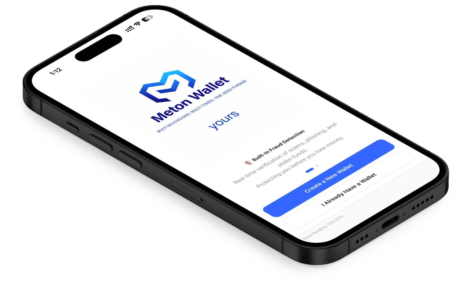 Meton Wallet welcome screen with Create a New Wallet and I Already Have a Wallet options