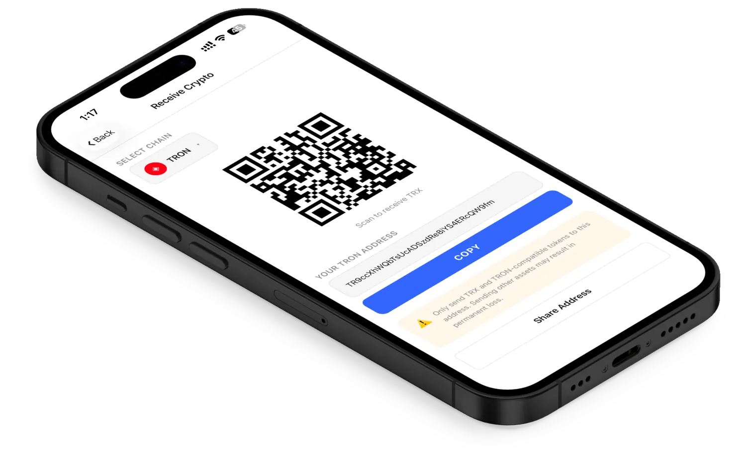 Meton Wallet receive screen showing a TRON address, QR code and a warning to only send TRON assets