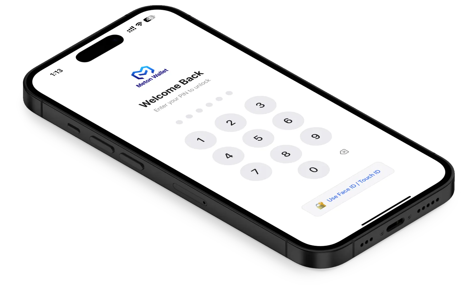 Meton Wallet unlock screen with a PIN pad and a Face ID / Touch ID option