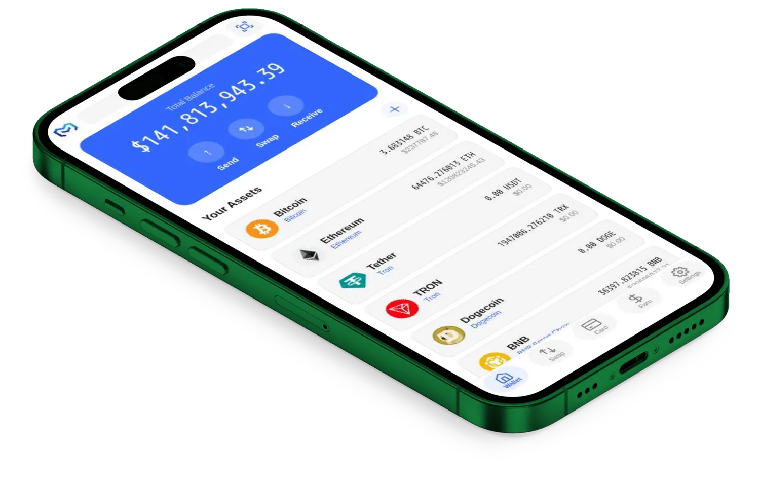 Meton Wallet portfolio screen showing Bitcoin, Ethereum, Tether, TRON, Dogecoin and BNB balances